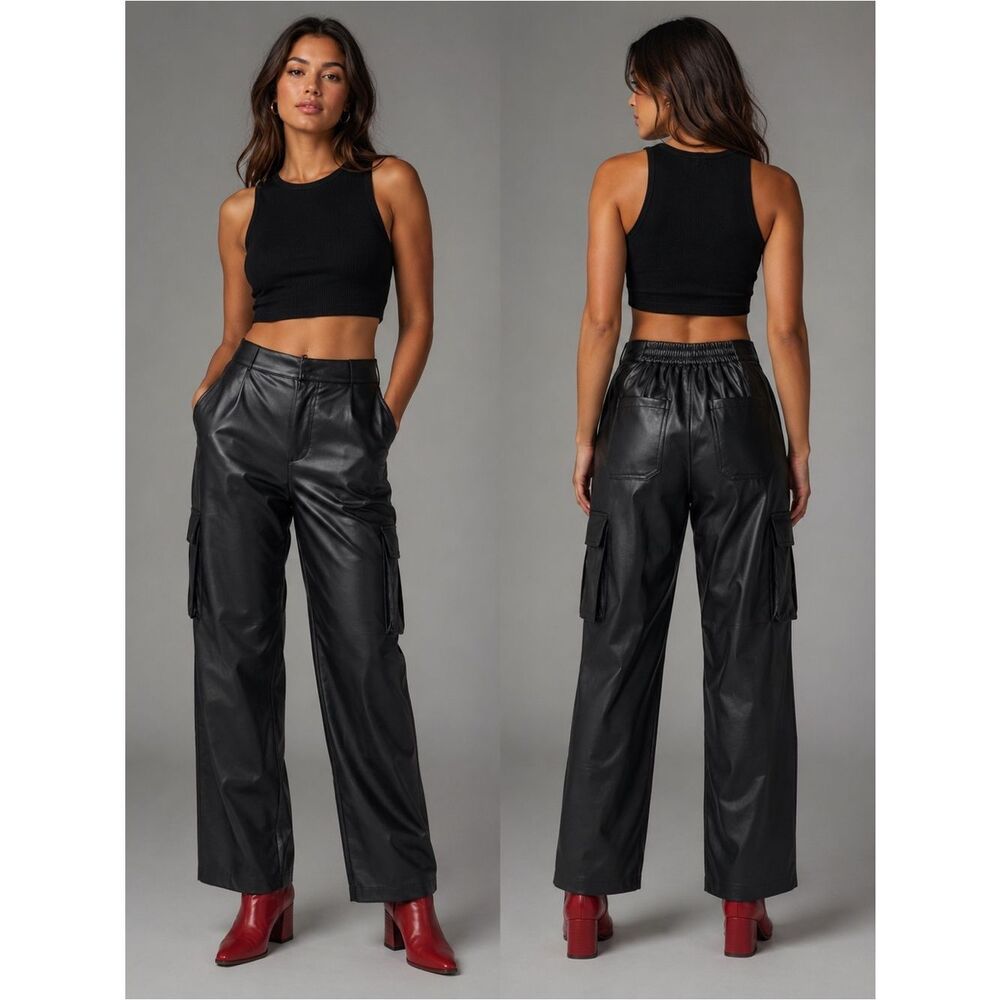 Urban Outfitters Black Faux Leather Wide Leg Cargo Pants